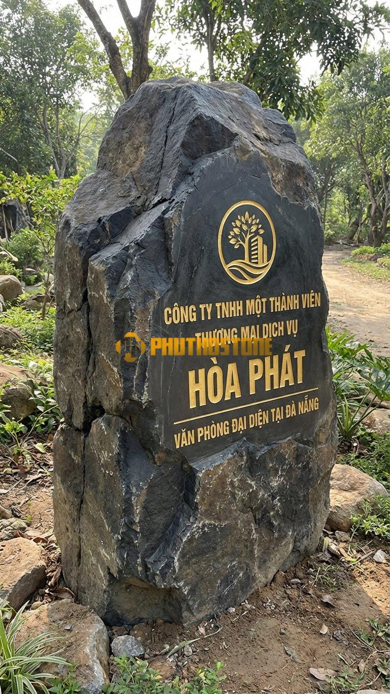 Biển hiệu đá đen mặt cắt phẳng khắc Logo Mạ Vàng
