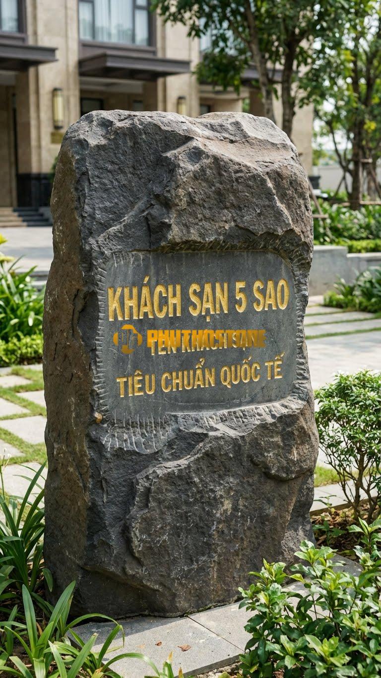 Biển hiệu đá đen tuyền bo tròn 4 góc cho Khách Sạn 5 Sao