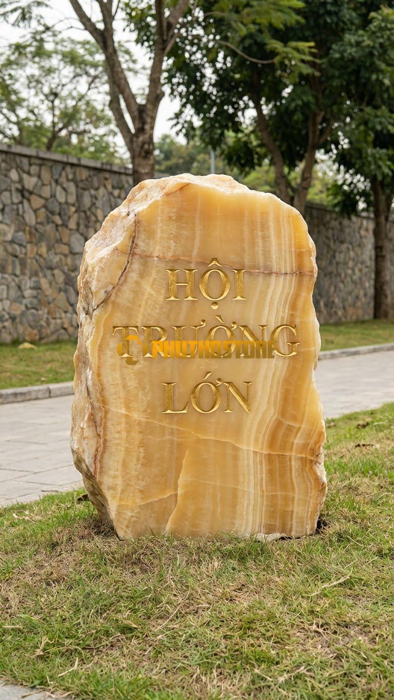Biển hiệu đá vân gỗ Hoà Bình khắc chữ chìm sơn vàng ‘HỘI TRƯỜNG LỚN’