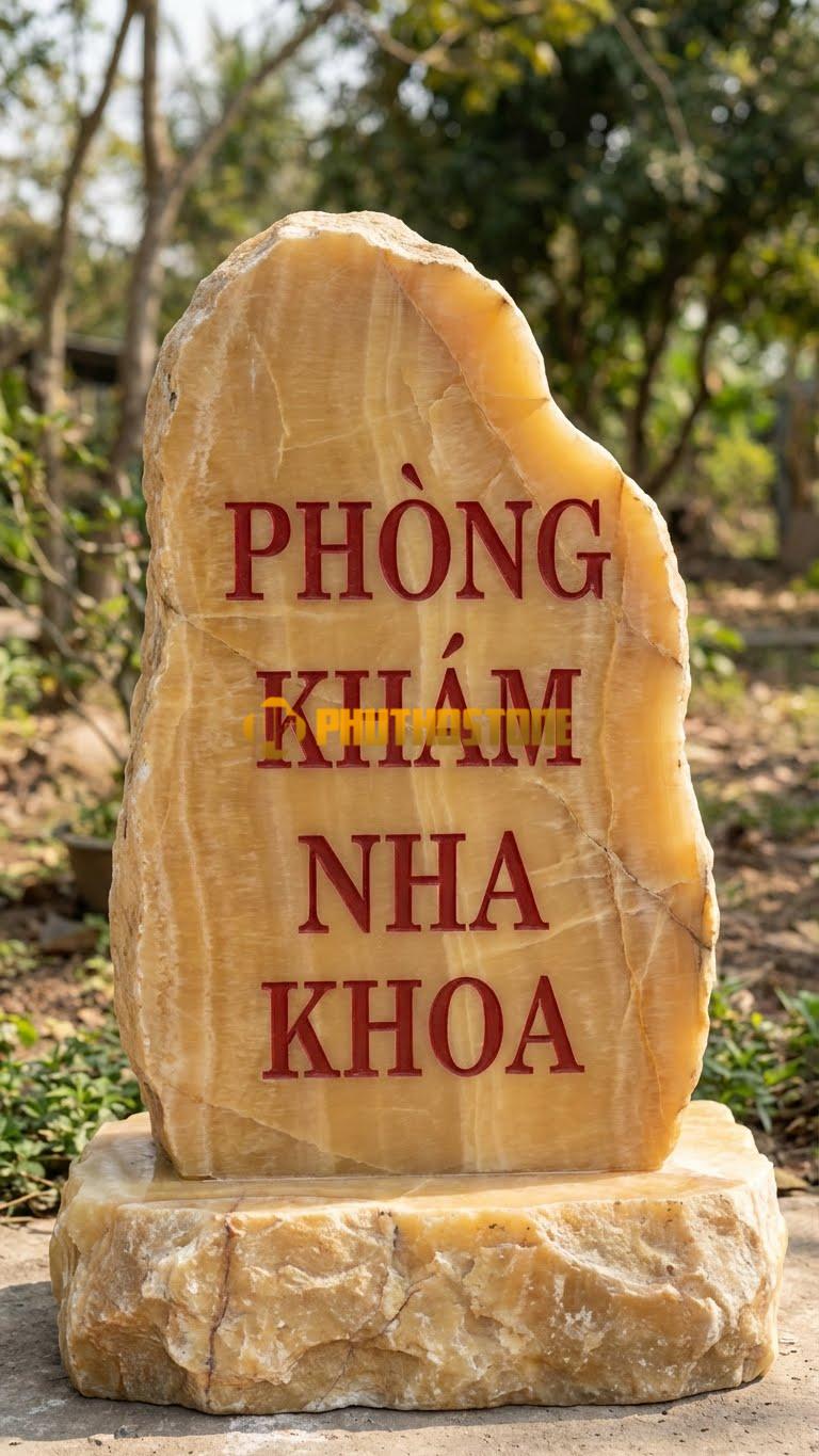 Biển hiệu đá vân gỗ Hoà Bình khắc chữ nổi ‘PHÒNG KHÁM NHA KHOA’