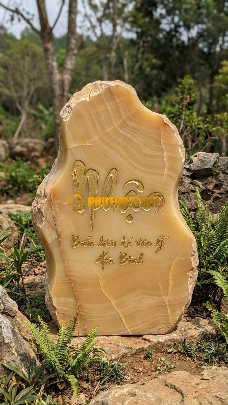 Biển hiệu đá vân gỗ Hoà Bình khắc chữ thư pháp ‘NHÂN’