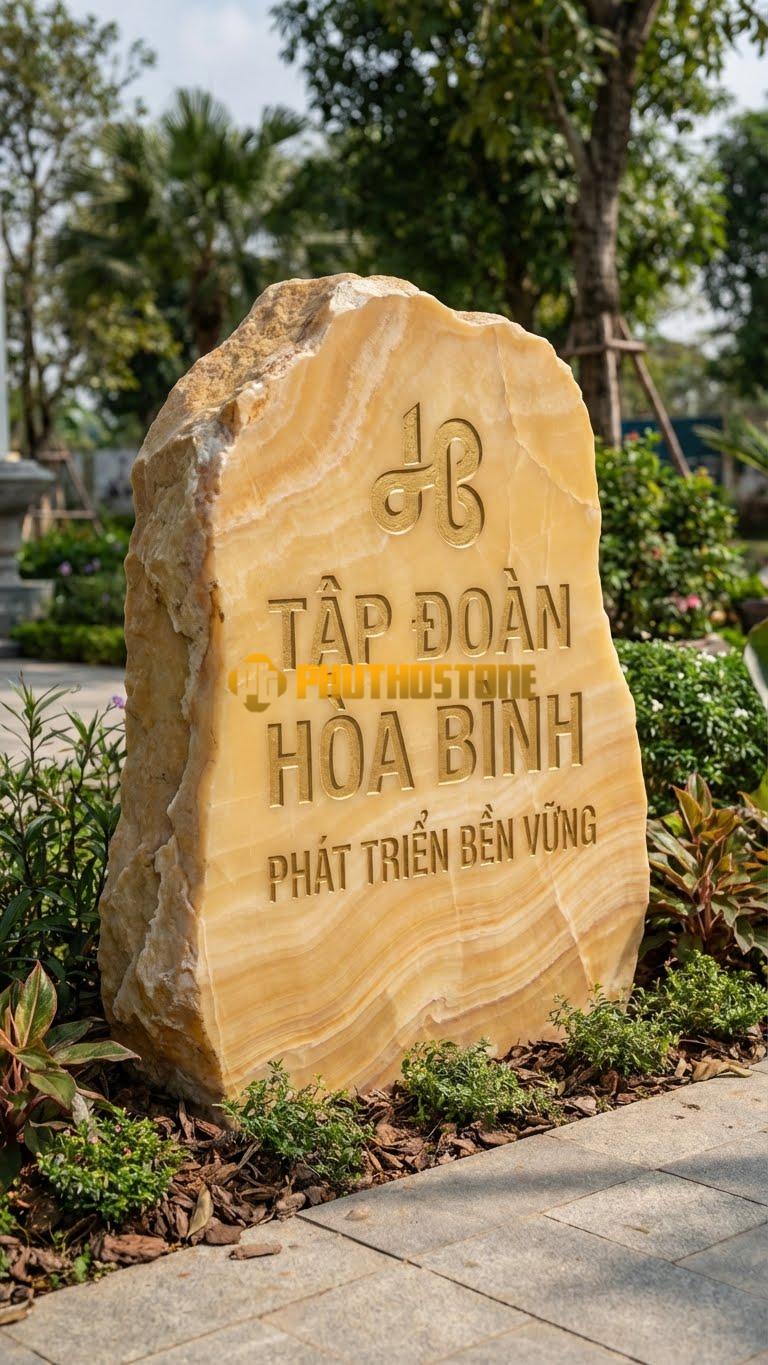 Biển hiệu đá vân gỗ Hoà Bình mặt cắt phẳng khắc Logo Tập đoàn
