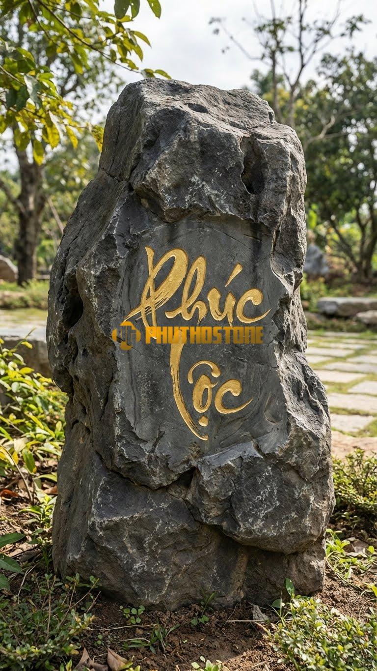 Biển tên đá đen khắc chữ thư pháp nhũ vàng ‘PHÚC LỘC’