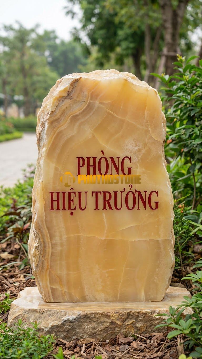 Biển tên đá vân gỗ Hoà Bình khắc ‘PHÒNG HIỆU TRƯỞNG’