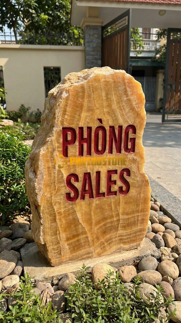Biển tên đá vân gỗ Hoà Bình khắc ‘PHÒNG SALES’