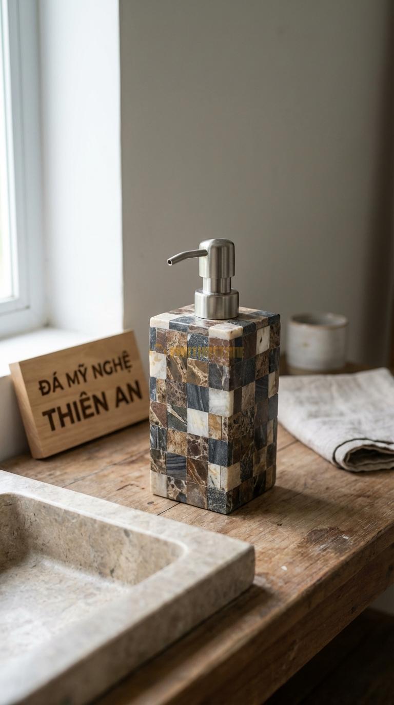 Bình Dầu Gội Đá Da Báo Họa Tiết Mosaic Ghép Các Ô Vuông Đá Nhỏ Màu Sắc Khác Nhau 8cm x 8cm x H17.5cm