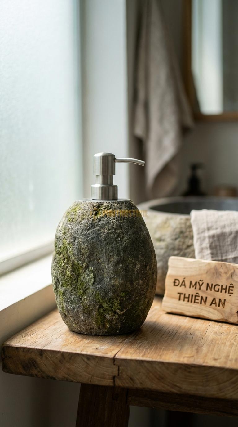 Bình Dầu Gội Đá Granite Đá Cuội Nguyên Bản Đục Lòng Từ Đá Cuội, Mặt Ngoài Giữ Nguyên Rêu Mốc Ngẫu Nhiên ~Đường Kính 10cm x H15cm