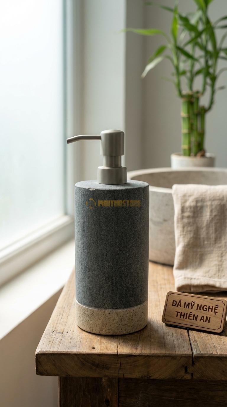 Bình Dầu Gội Đá Granite Phối Đá Hai Màu Thân Đá Chính Phối Chân Đế Đá Màu Tương Phản Đường Kính 8.5cm x H18.5cm