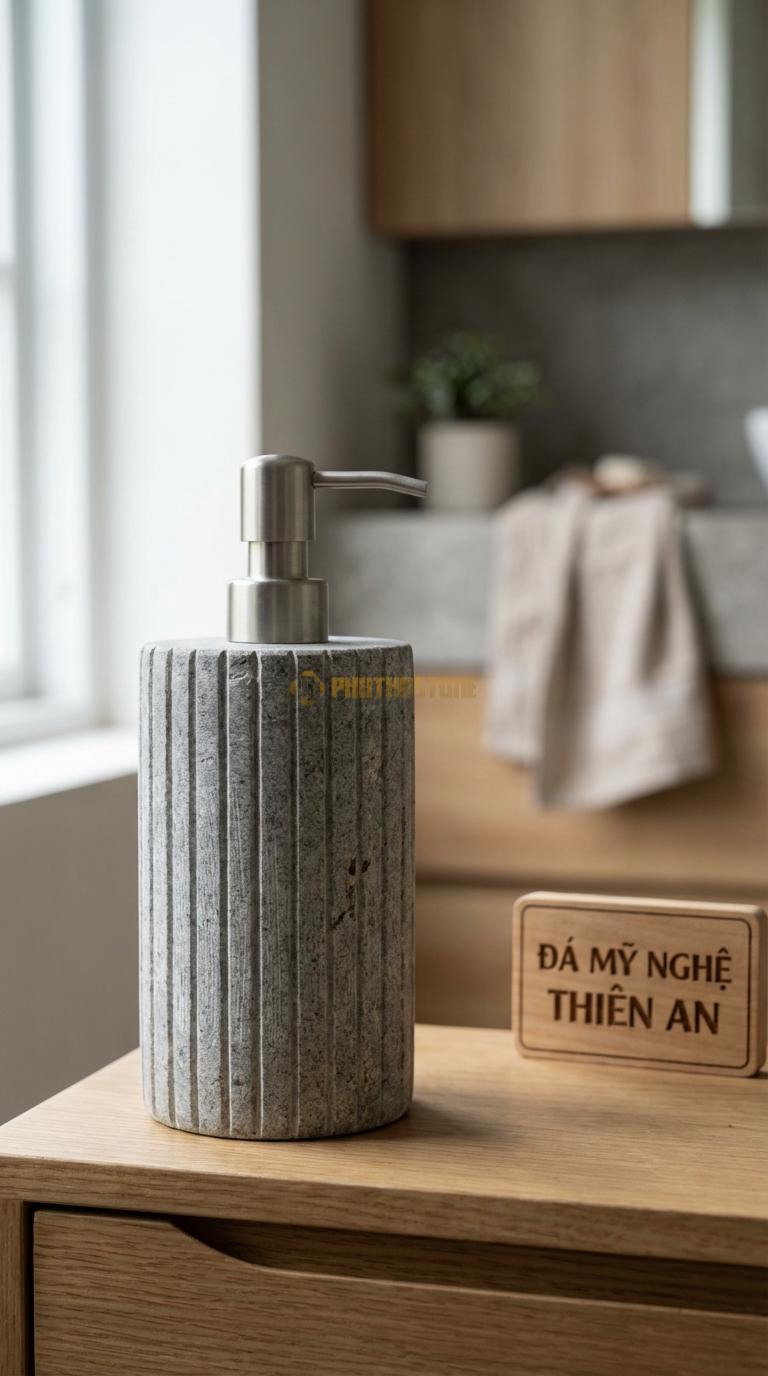 Bình Dầu Gội Đá Granite Soi Rãnh Dọc Các Đường Chỉ Dọc Chạy Suốt Từ Nắp Đến Đáy Đường Kính 8cm x H19cm