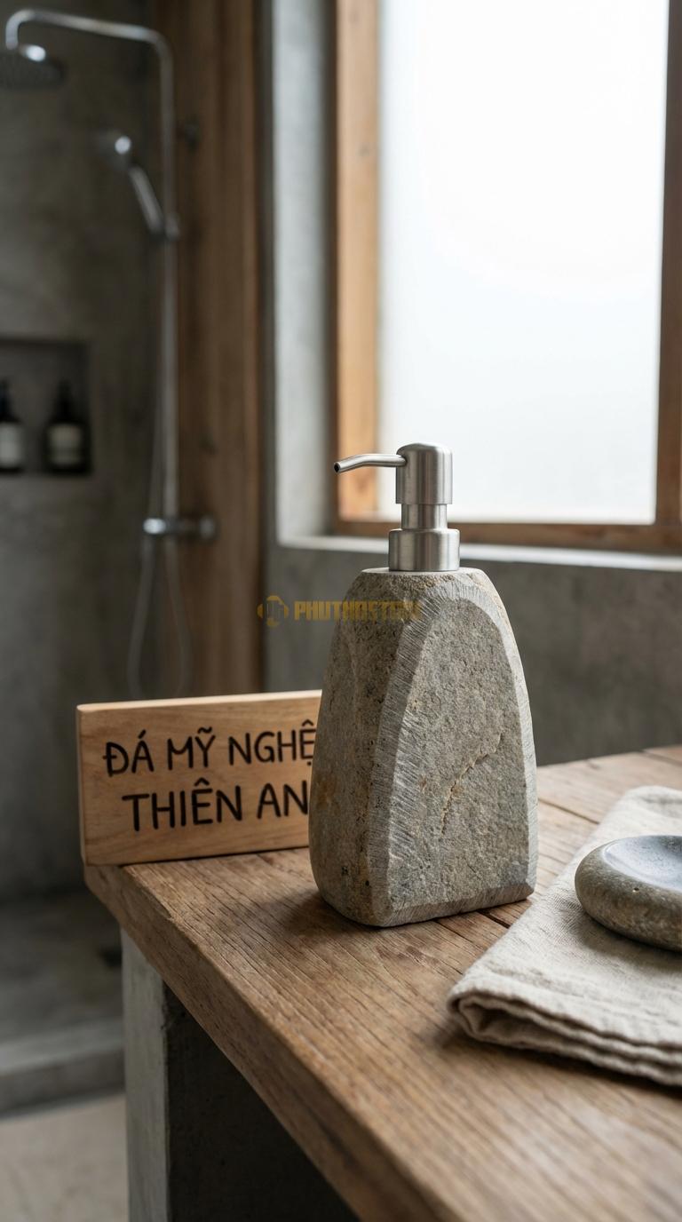 Bình Dầu Gội Đá Granite Vát Cạnh Tam Giác Hình Khối Tam Giác Bo Góc, Lạ Mắt Cạnh 9cm x H18cm