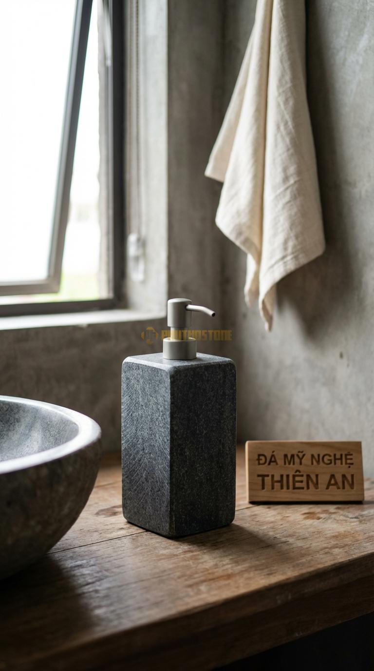 Bình Dầu Gội Đá Granite Vuông Khối Thiết Kế Vuông Vức, Mài Bóng Các Cạnh 8cm x 8cm x H17cm