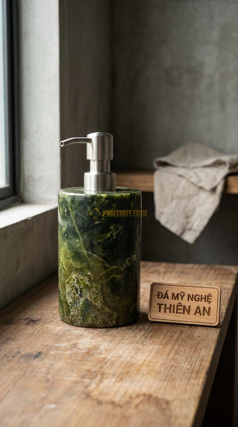 Bình Dầu Gội Đá Serpentine Đá Cuội Nguyên Bản Đục Lòng Từ Đá Cuội, Mặt Ngoài Giữ Nguyên Rêu Mốc Ngẫu Nhiên ~Đường Kính 10cm x H15cm