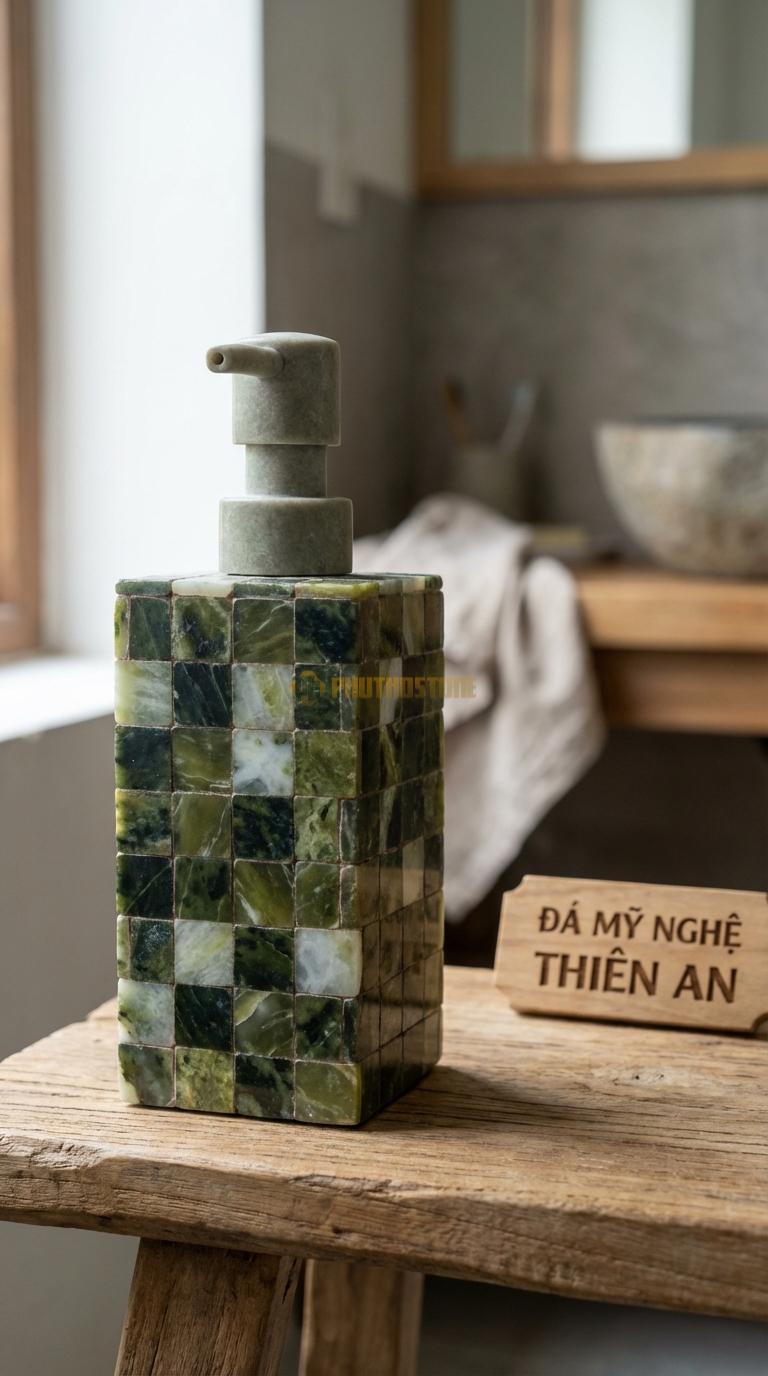Bình Dầu Gội Đá Serpentine Họa Tiết Mosaic Ghép Các Ô Vuông Đá Nhỏ Màu Sắc Khác Nhau 8cm x 8cm x H17.5cm