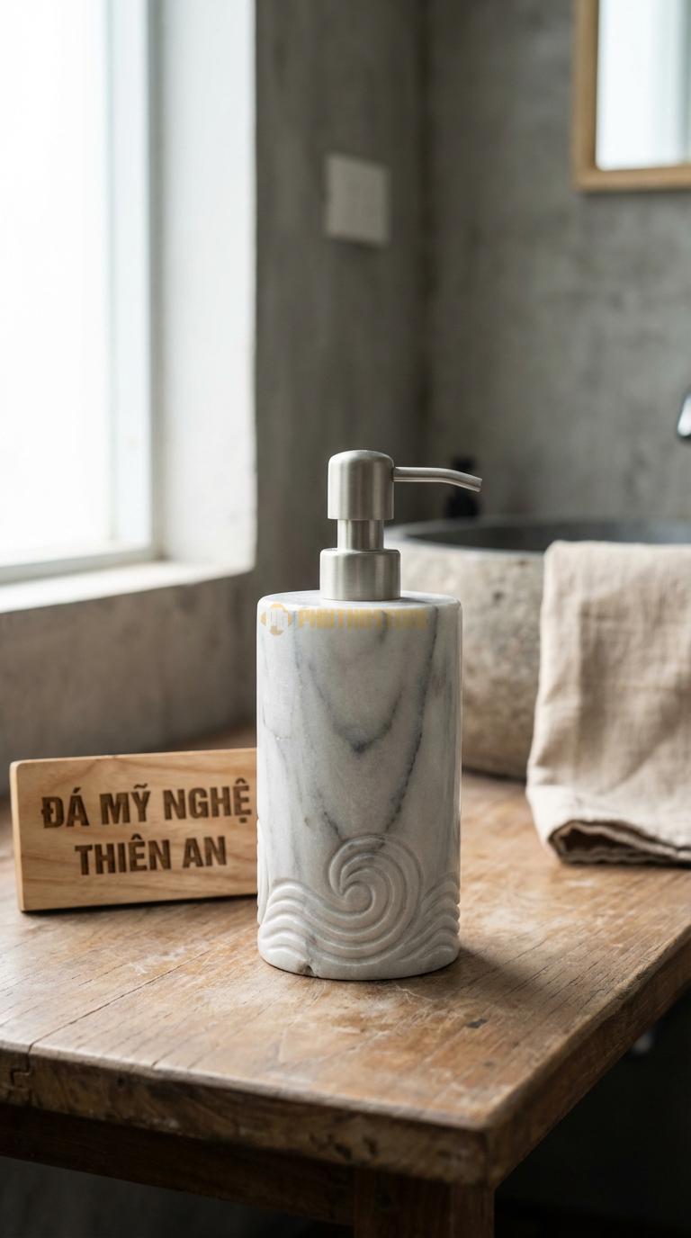 Bình Dầu Gội Đá Trắng Xanh Chạm Sóng Nước Họa Tiết Sóng Cuộn Quanh Phần Chân Bình Đường Kính 9cm x H17cm