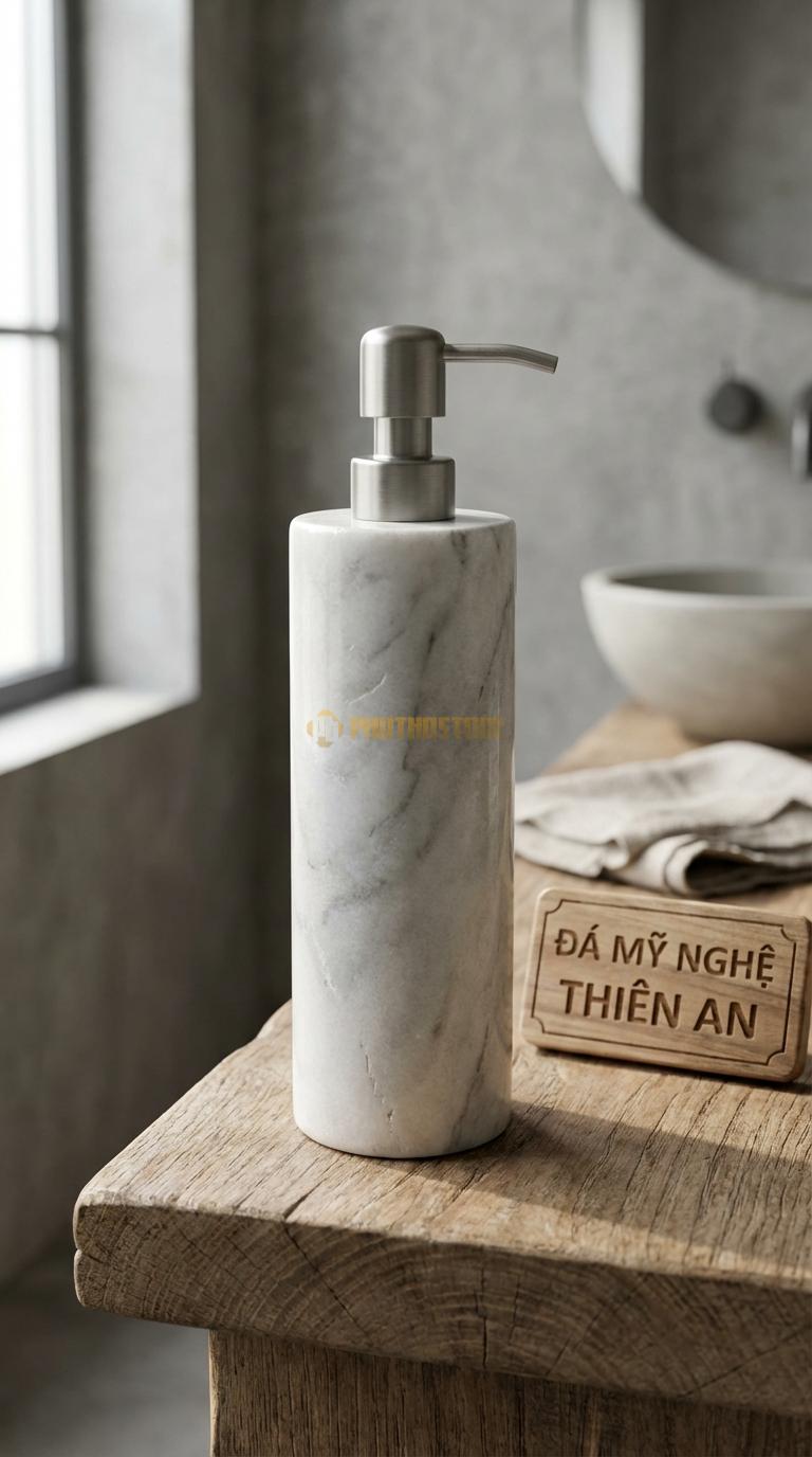 Bình Dầu Gội Đá Trắng Xanh Dáng Trụ Cao Thiết Kế Thanh Mảnh, Tiết Kiệm Diện Tích Kệ Đường Kính 7cm x H20cm