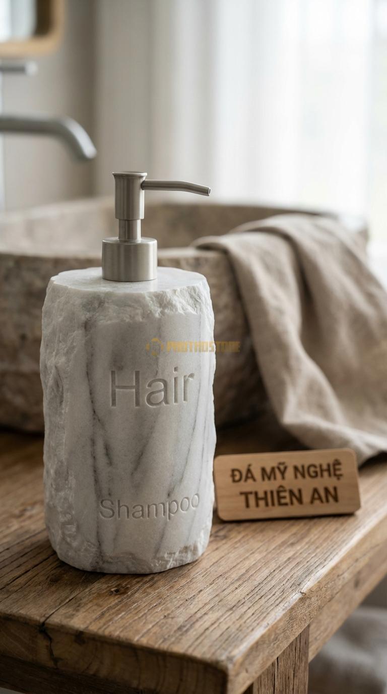 Bình Dầu Gội Đá Trắng Xanh Khắc Chữ “Hair” Khắc Chìm Chữ “Shampoo” Font Chữ Hiện Đại Đường Kính 8.5cm x H18.5cm