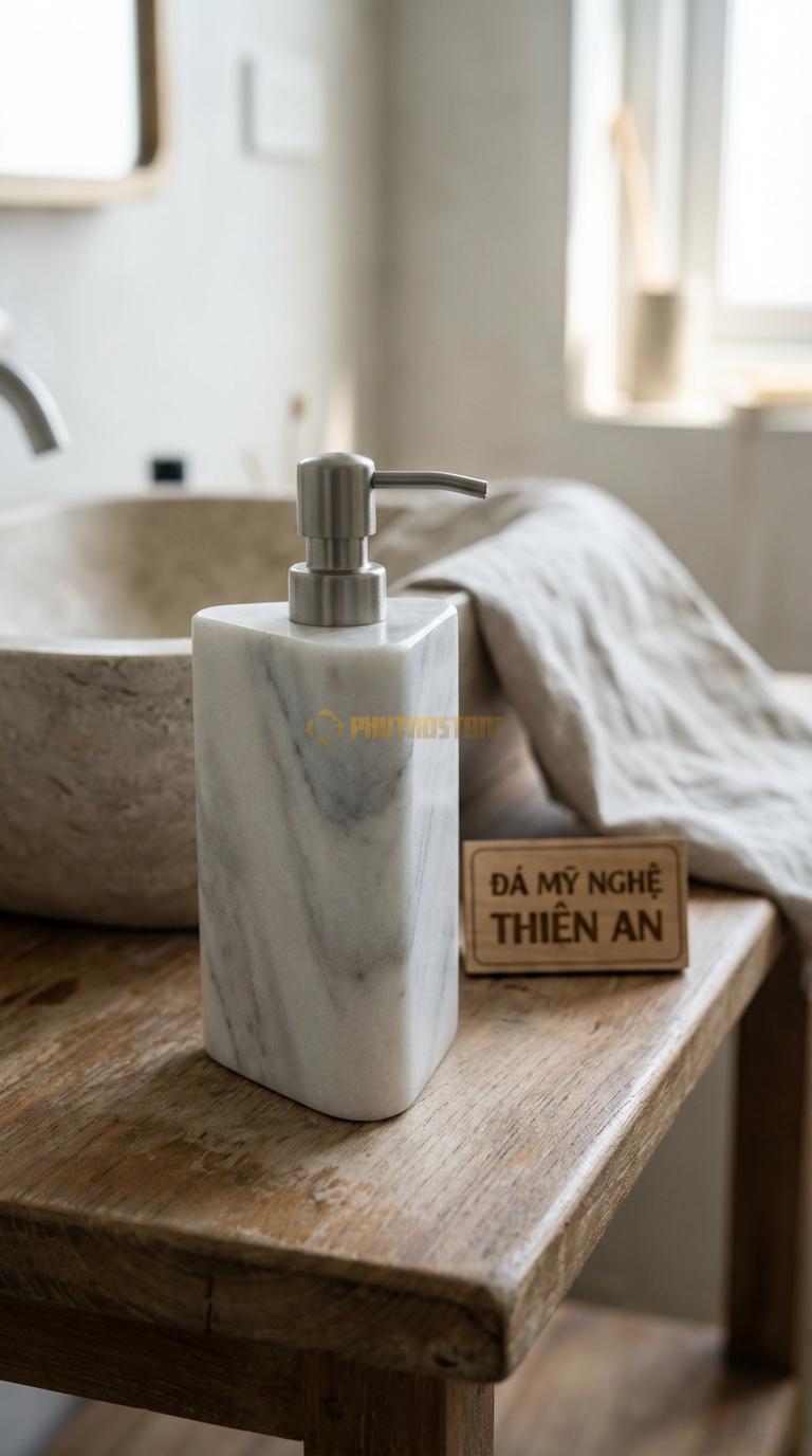 Bình Dầu Gội Đá Trắng Xanh Vát Cạnh Tam Giác Hình Khối Tam Giác Bo Góc, Lạ Mắt Cạnh 9cm x H18cm