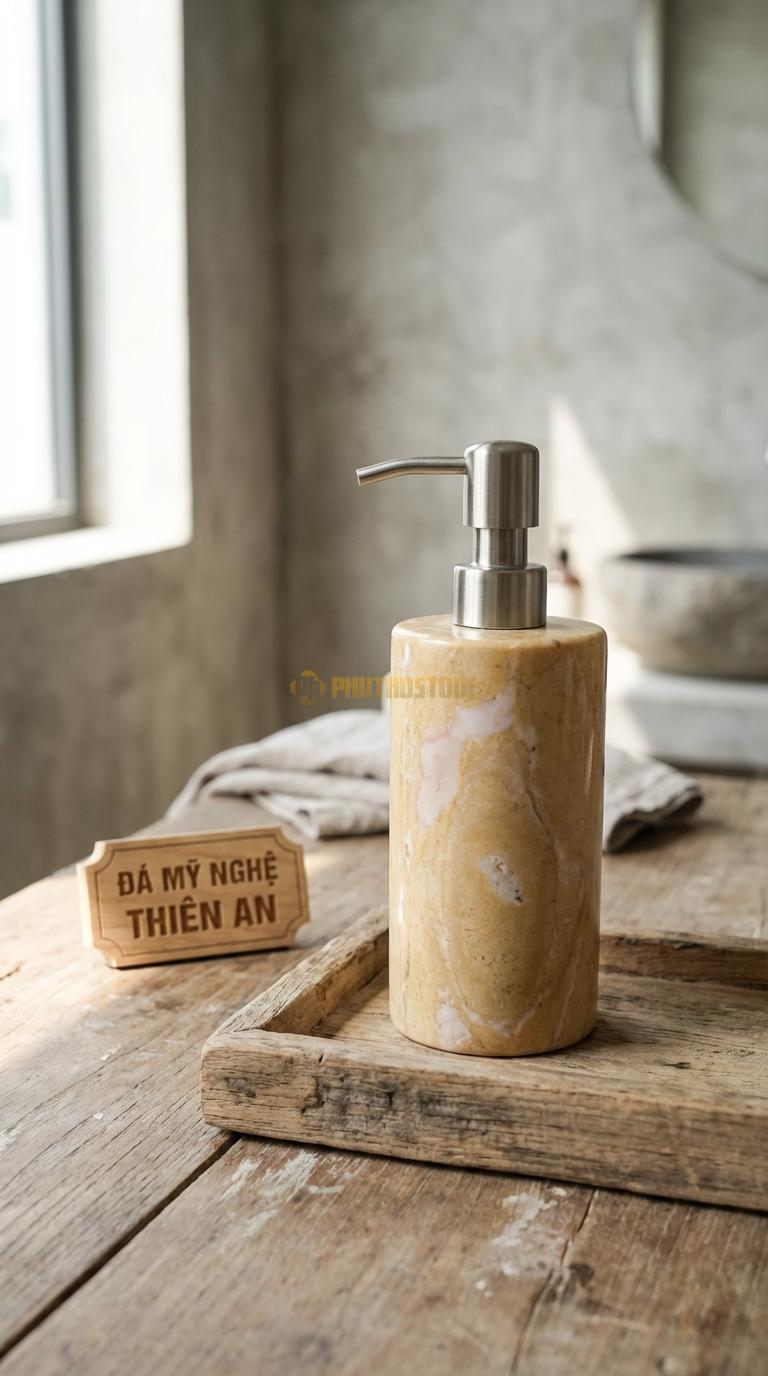 Bình Dầu Gội Đá Vàng Nghệ An Họa Tiết Mosaic Ghép Các Ô Vuông Đá Nhỏ Màu Sắc Khác Nhau 8cm x 8cm x H17.5cm