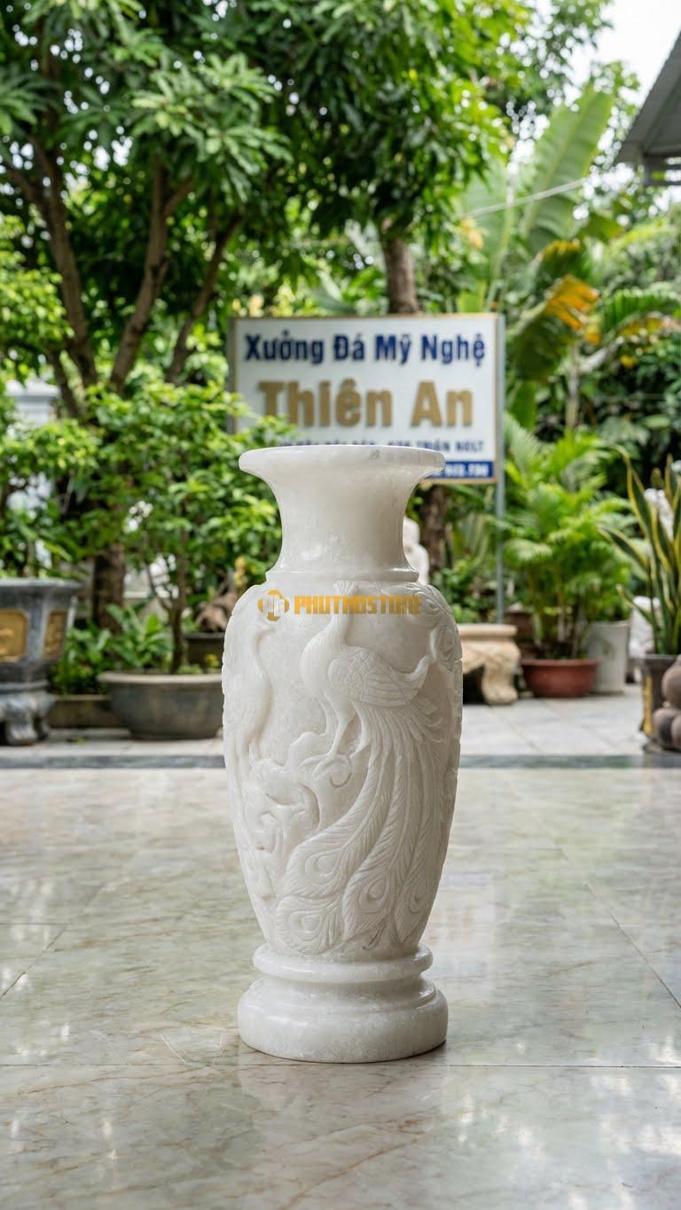 Bình Hoa Lông Công Bằng Đá Trắng Muối, Kiểu Dáng Tượng Hình Bình Hoa Có Họa Tiết Công. Kích Thước Cao 40cm.