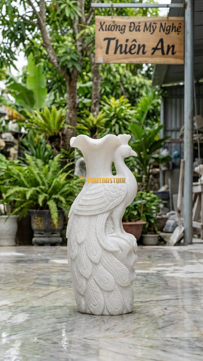 Bình Hoa Lông Công Bằng Đá Trắng Muối, Kiểu Dáng Tượng Hình Bình Hoa Có Họa Tiết Công. Kích Thước Cao 40cm.