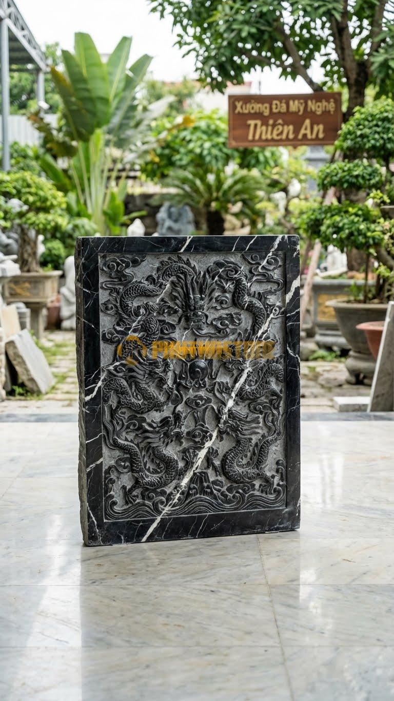 Bình Phong Đá Đen Tia Chớp Ốp Tường Cửu Long L127: Tranh 9 Rồng Ốp Tường. (L127 x H81 Cm).