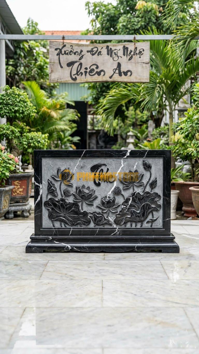 Bình Phong Đá Đen Tia Chớp Ốp Tường Hoa Sen L133: Tranh Sen Ốp Tường. (L133 x H81 Cm).