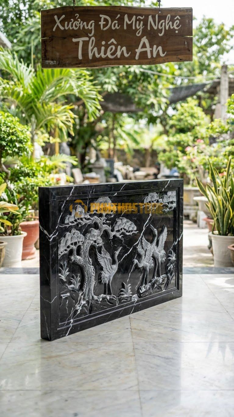 Bình Phong Đá Đen Tia Chớp Ốp Tường Tùng Hạc L147: Tranh Tùng Hạc Ốp Tường. (L147 x H89 Cm).