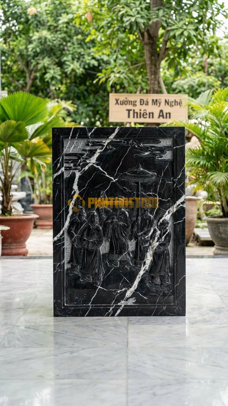 Bình Phong Đá Đen Tia Chớp Ốp Tường Vinh Quy Bái Tổ L155: Cảnh Rước Trạng Nguyên Về Làng. (L155 x H107 Cm).