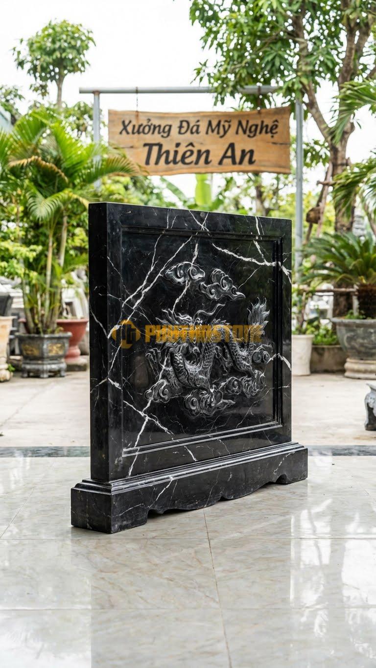 Bình Phong Đá Đen Tia Chớp Rồng Ẩn L147: Rồng Chạm Chìm Thoắt Ẩn Thoắt Hiện. (L147 x H107 Cm).
