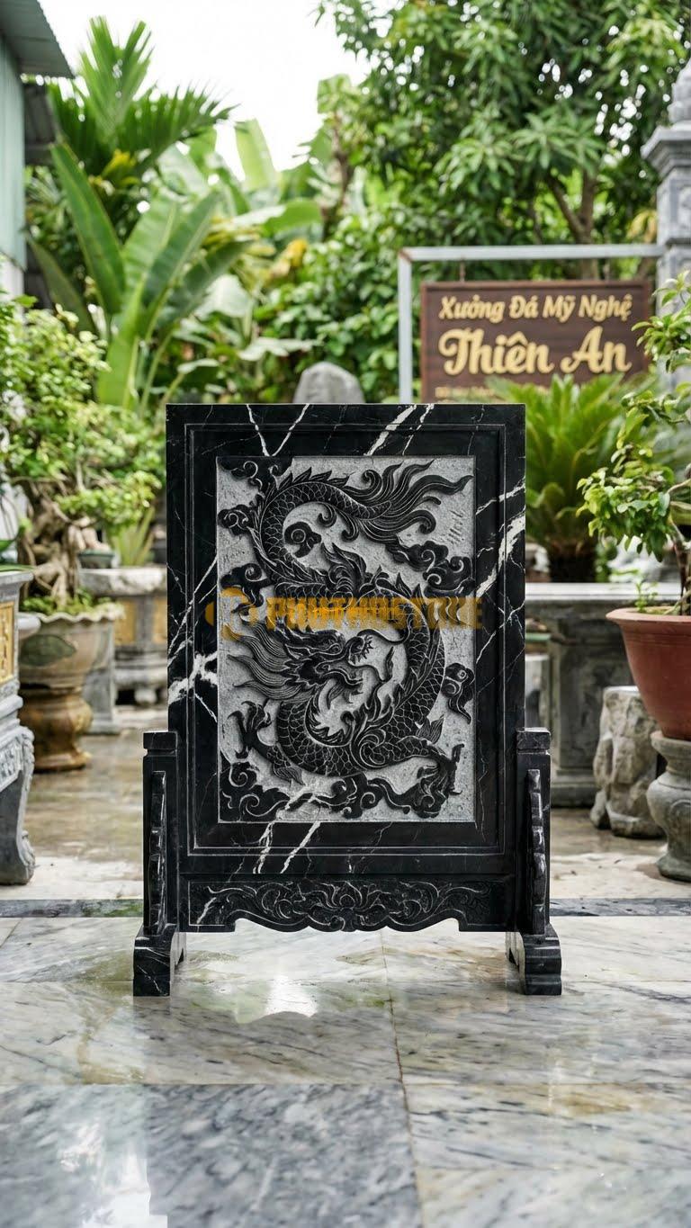 Bình Phong Đá Đen Tia Chớp Rồng Hóa Lá L147: Lá Cây Cuộn Lại Thành Hình Rồng. (L147 x H107 Cm).