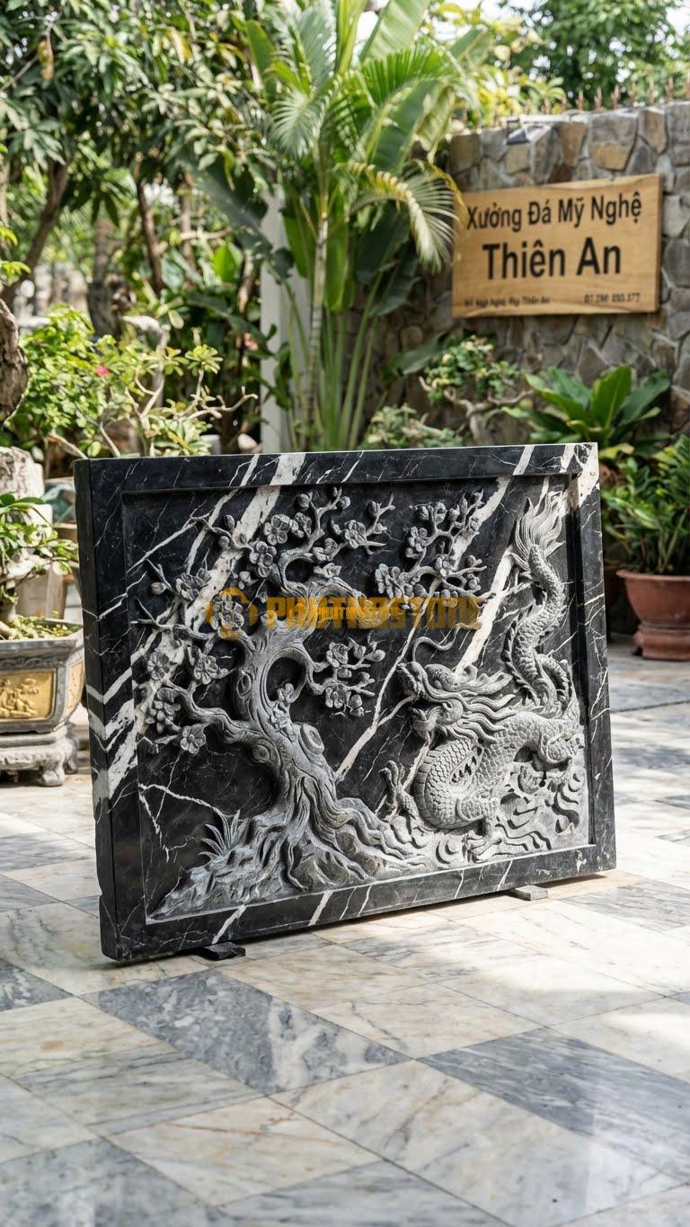 Bình Phong Đá Đen Tia Chớp Rồng Hóa Mai L147: Cây Mai Già Hóa Rồng. (L147 x H107 Cm).