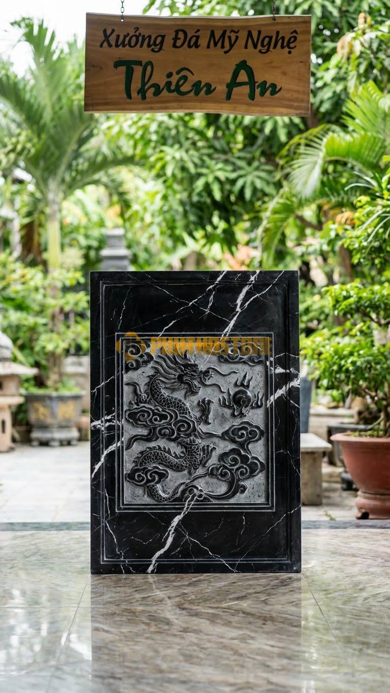 Bình Phong Đá Đen Tia Chớp Rồng Hóa Mây Vuông L133: Mây Cuộn Khung Vuông. (L133 x H89 Cm).