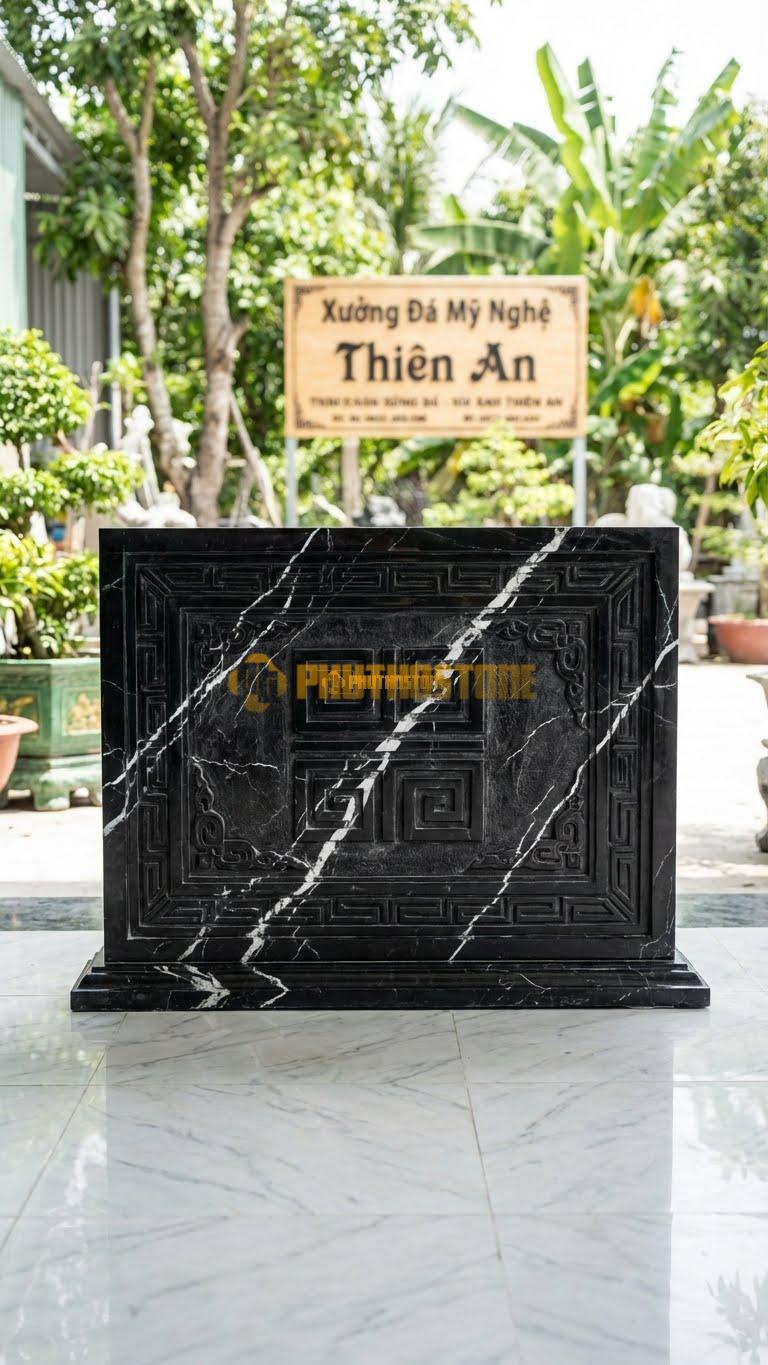 Bình Phong Đá Đen Tia Chớp Rồng Hóa Triện L127: Con Rồng Vuông Thành Sắc Cạnh Như Triện. (L127 x H89 Cm).