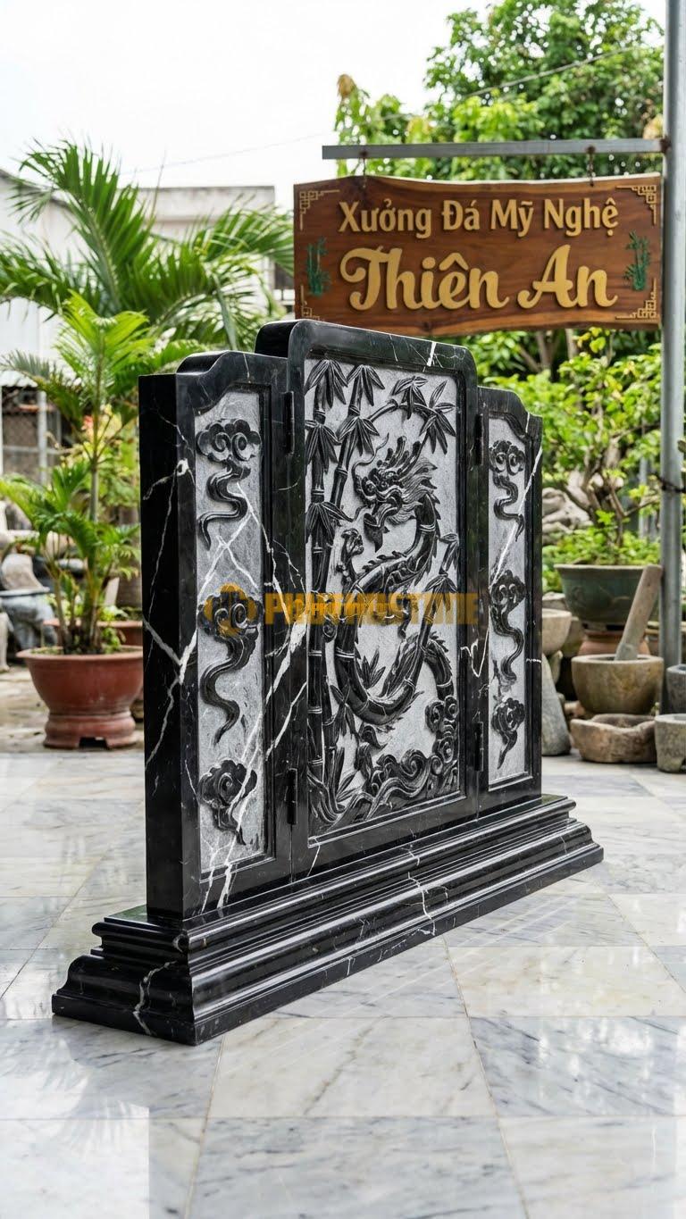 Bình Phong Đá Đen Tia Chớp Rồng Hóa Trúc L155: Cây Trúc Uốn Thành Hình Rồng. (L155 x H117 Cm).
