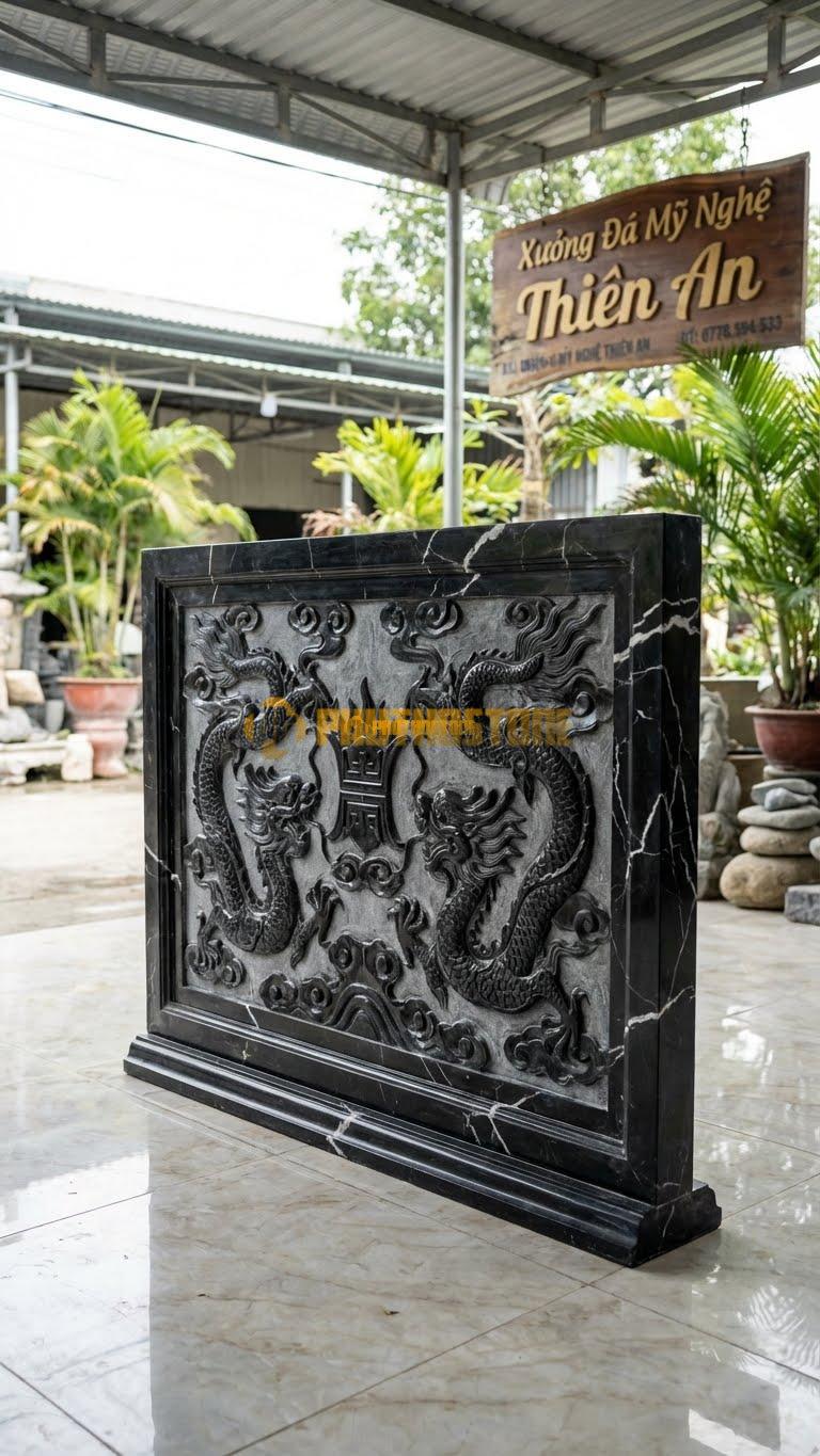 Bình Phong Đá Đen Tia Chớp Song Long Hóa L167: Hai Con Rồng Hóa Chầu Vào Giữa. (L167 x H127 Cm).