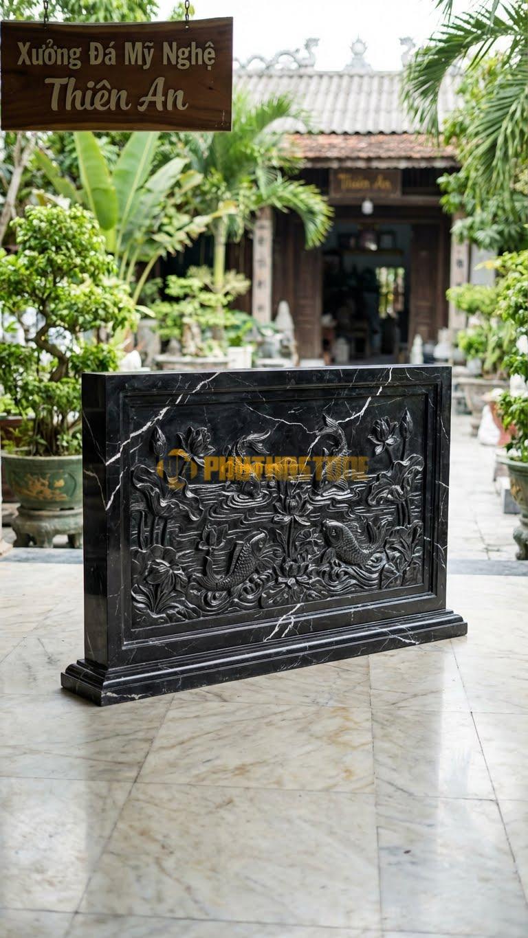 Bình Phong Đá Đen Tia Chớp Vuông Sen Cá L147: Cá Chép Bơi Dưới Đầm Sen (Liên Ngư). (L147 x H107 Cm).