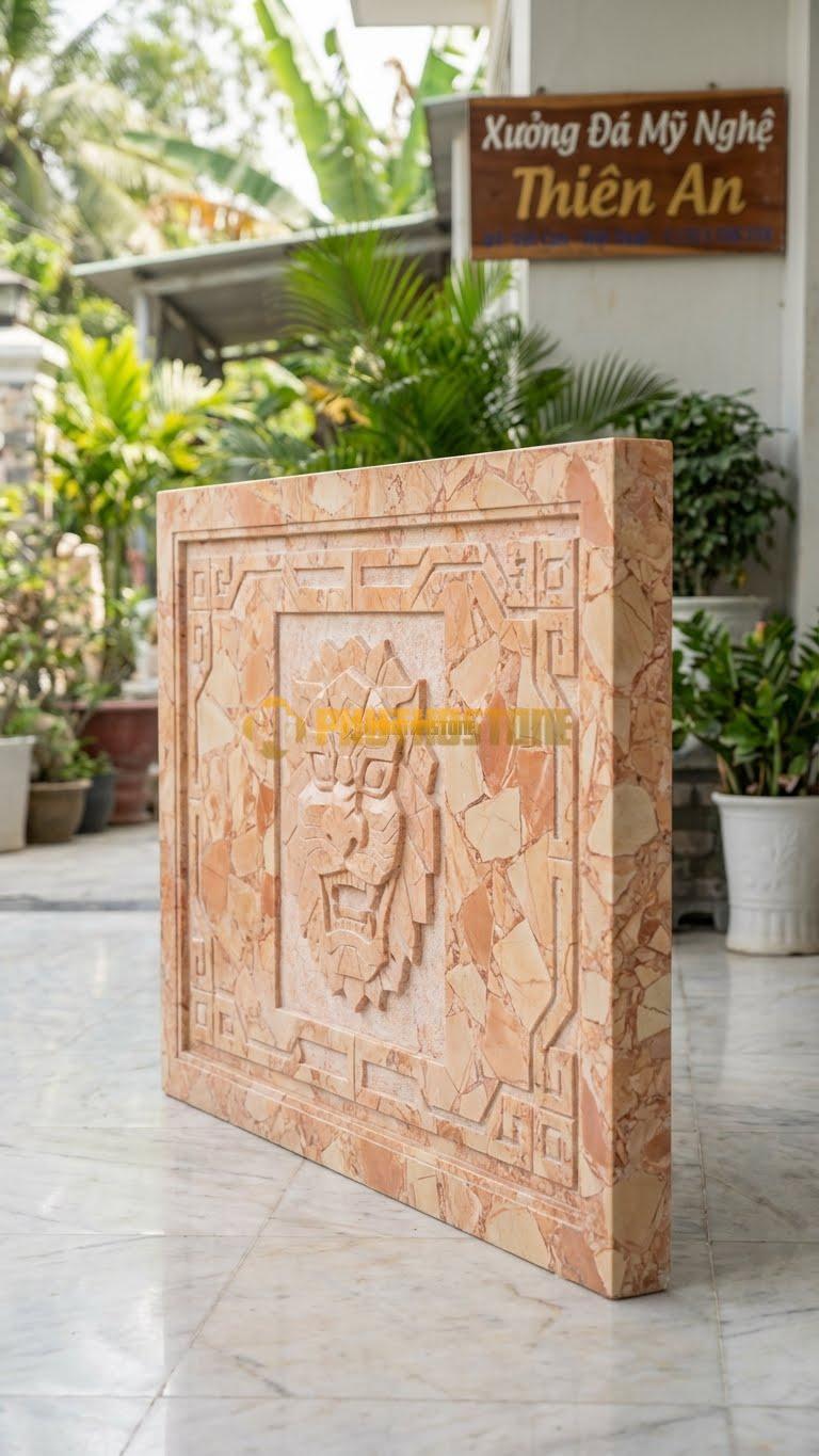 Bình Phong Đá Hồng Hổ Phù Hóa L133: Mặt Hổ Phù Cách Điệu Hình Học. (L133 x H89 Cm).