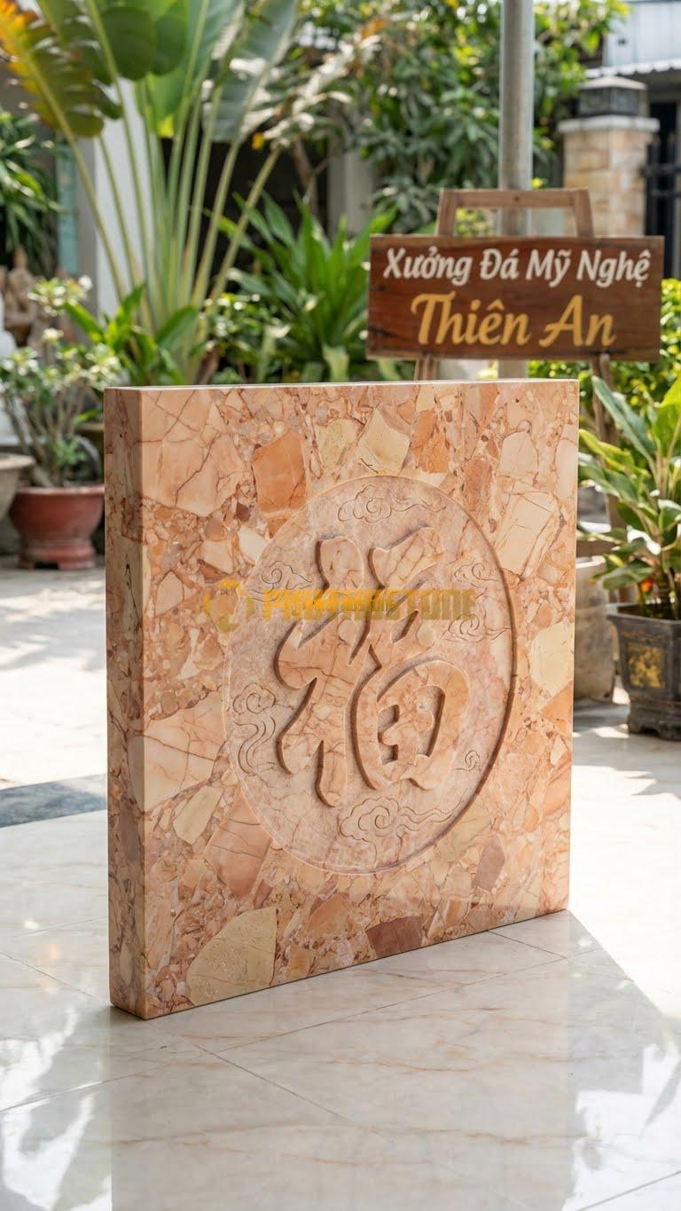 Bình Phong Đá Hồng Ốp Tường Chữ Phúc L81: Tấm Vuông Nhỏ Chữ Phúc. (L81 x H81 Cm).