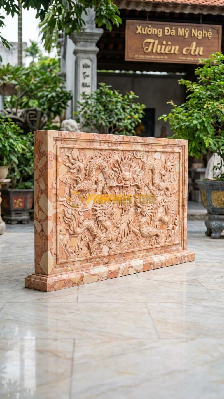 Bình Phong Đá Hồng Ốp Tường Cửu Long L127: Tranh 9 Rồng Ốp Tường. (L127 x H81 Cm).