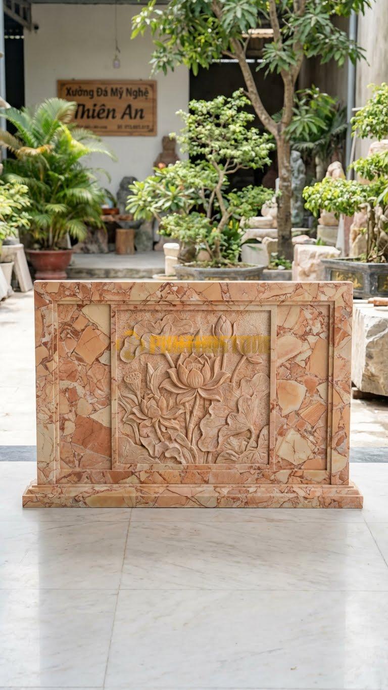 Bình Phong Đá Hồng Ốp Tường Hoa Sen L133: Tranh Sen Ốp Tường. (L133 x H81 Cm).