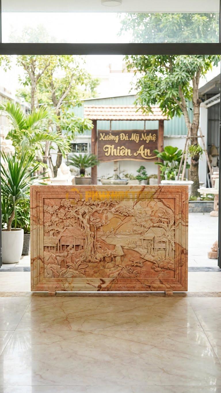 Bình Phong Đá Hồng Ốp Tường Tranh Đồng Quê L167: Cảnh Nông Thôn Việt Nam. (L167 x H107 Cm).