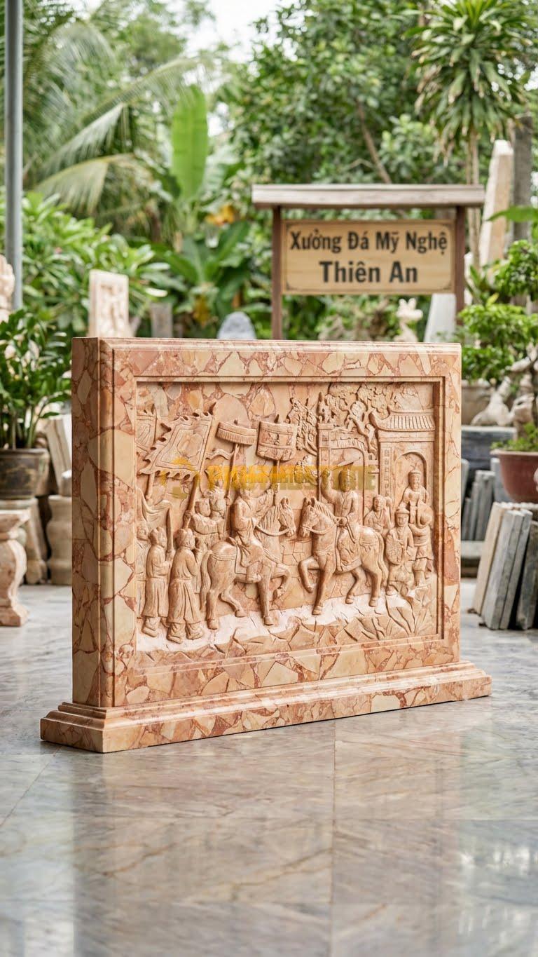 Bình Phong Đá Hồng Ốp Tường Vinh Quy Bái Tổ L155: Cảnh Rước Trạng Nguyên Về Làng. (L155 x H107 Cm).