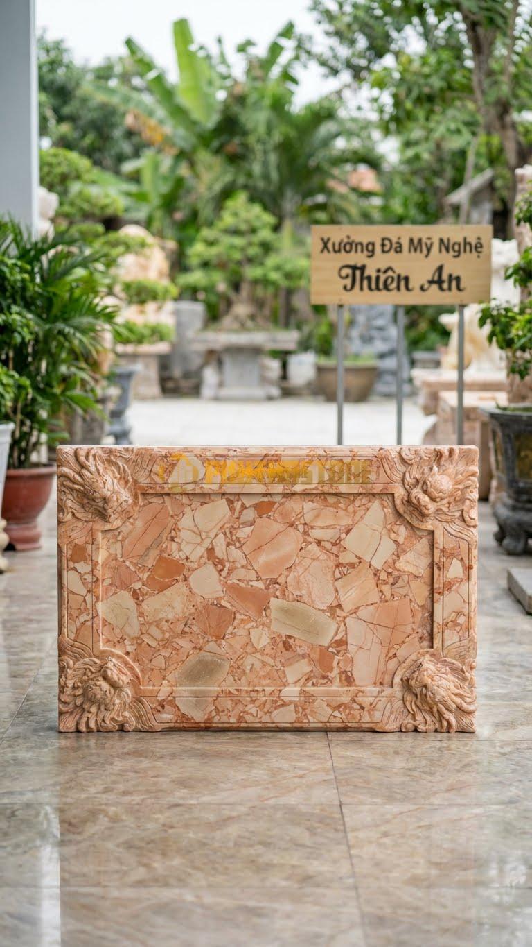 Bình Phong Đá Hồng Rồng Hóa Góc L127: Chỉ Có 4 Góc Là Đầu Rồng Hóa, Giữa Trơn. (L127 x H81 Cm).