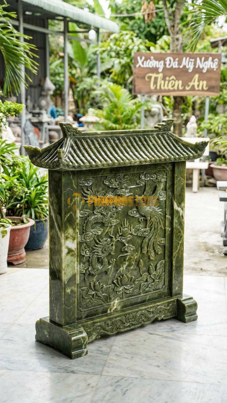 Bình Phong Đá Serpentine Mái Chùa 1 Tầng L127: Có 1 Lớp Mái Ngói Bên Trên. (L127 x H127 Cm).