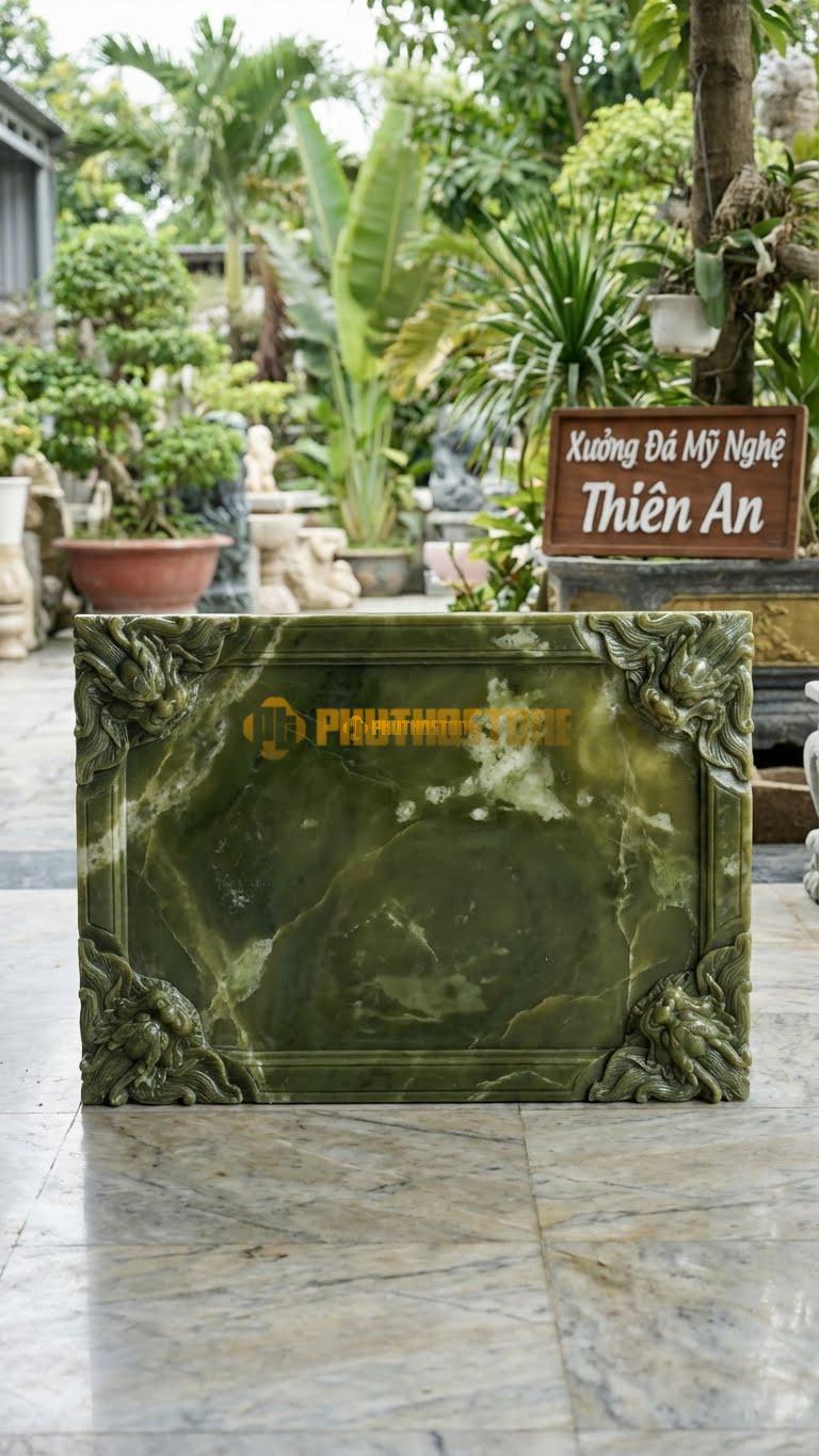 Bình Phong Đá Serpentine Rồng Hóa Góc L127: Chỉ Có 4 Góc Là Đầu Rồng Hóa, Giữa Trơn. (L127 x H81 Cm).