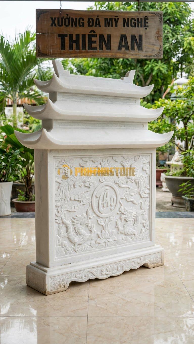 Bình Phong Đá Trắng Muối Mái Chùa 3 Tầng L167: 3 Lớp Mái Cao Vút. (L167 x H167 Cm).
