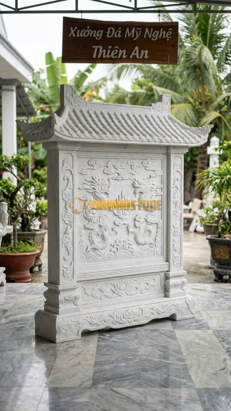 Bình Phong Đá Trắng Muối Mái Chùa Long Đình L176: Dạng Như Một Cái Am Thờ Nhỏ (Long Đình). (L176 x H176 Cm).