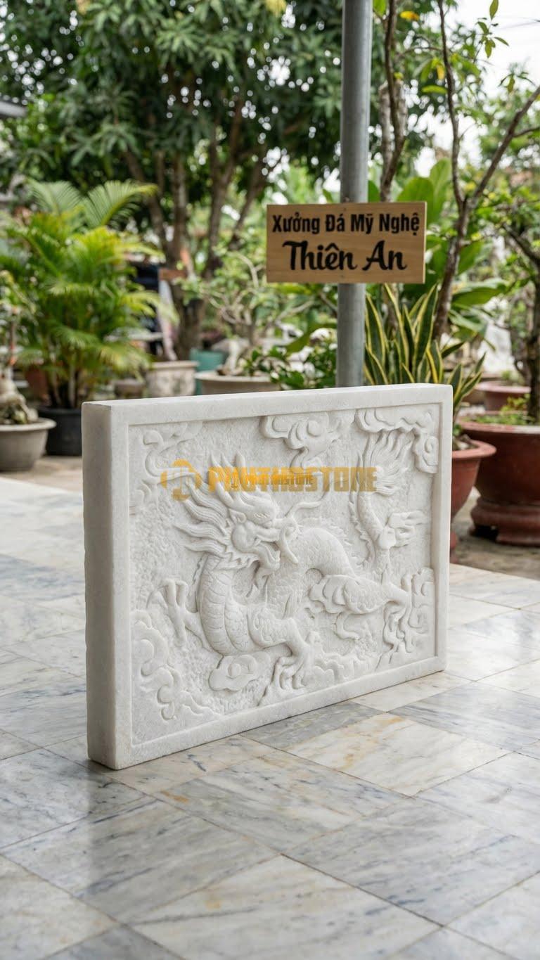 Bình Phong Đá Trắng Muối Rồng Ẩn L147: Rồng Chạm Chìm Thoắt Ẩn Thoắt Hiện. (L147 x H107 Cm).