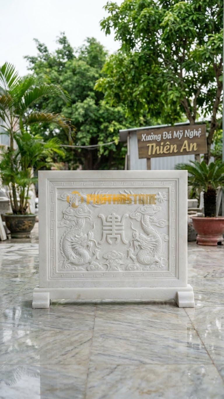 Bình Phong Đá Trắng Muối Rồng Hóa Mây Vuông L133: Mây Cuộn Khung Vuông. (L133 x H89 Cm).