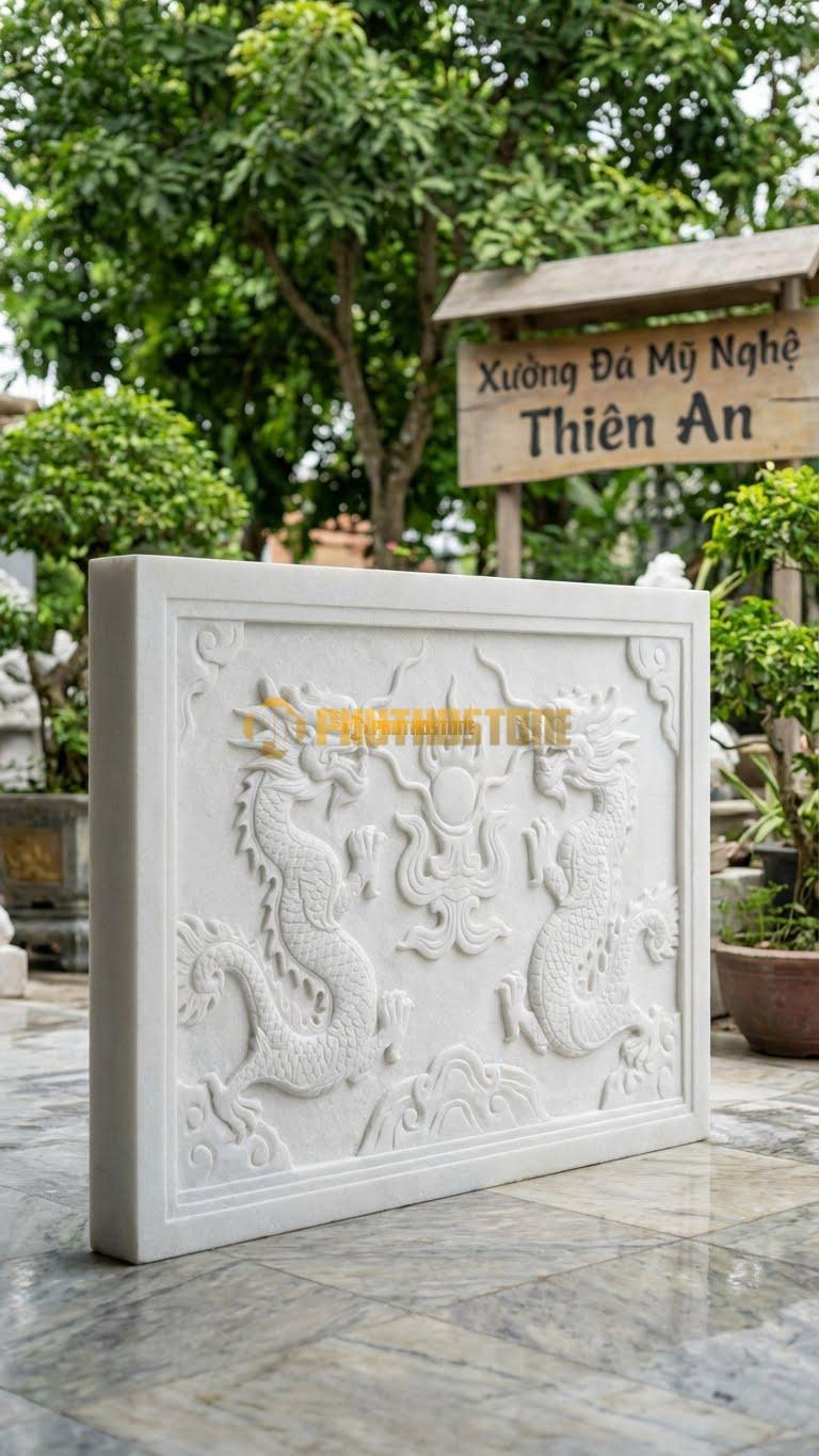 Bình Phong Đá Trắng Muối Song Long Hóa L167: Hai Con Rồng Hóa Chầu Vào Giữa. (L167 x H127 Cm).